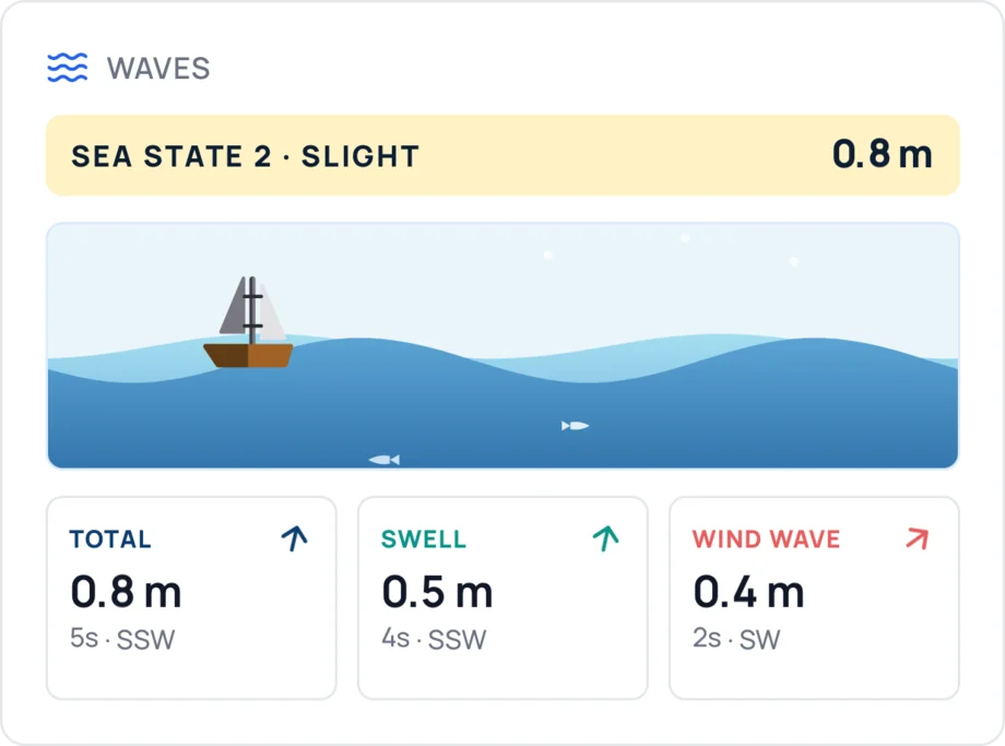 Waves card: sea state 2, slight, 0.8 metres; total 0.8 m every 5 seconds from the south-southwest; swell 0.5 m at 4 seconds; wind wave 0.4 m at 2 seconds from the southwest