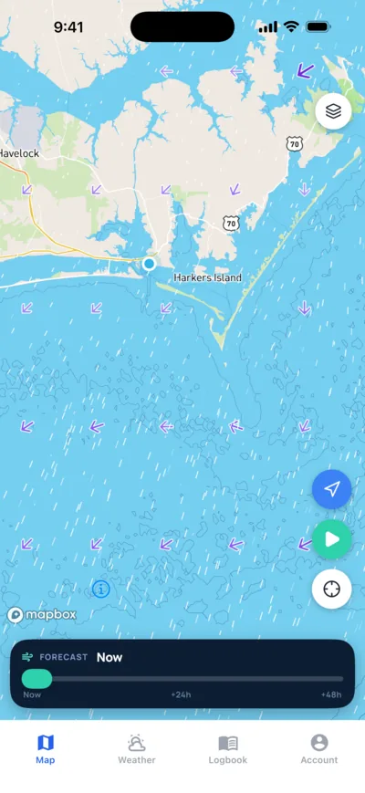 Sea Window conditions map near Beaufort, North Carolina, with drifting wind streaks and tidal-stream arrows