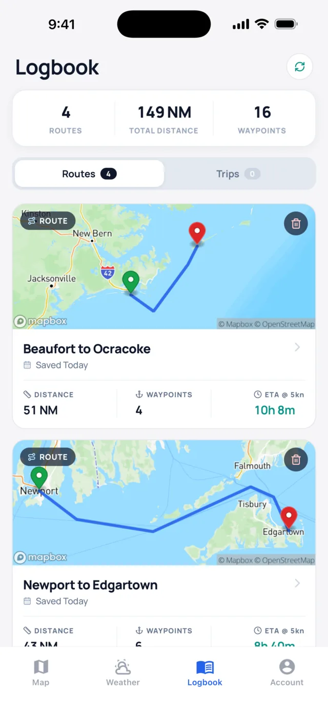 Logbook with four saved routes totalling 149 NM, including Beaufort to Ocracoke, 51 NM with 4 waypoints and a 10 hour 8 minute arrival time at 5 knots, and Newport to Edgartown, 43 NM