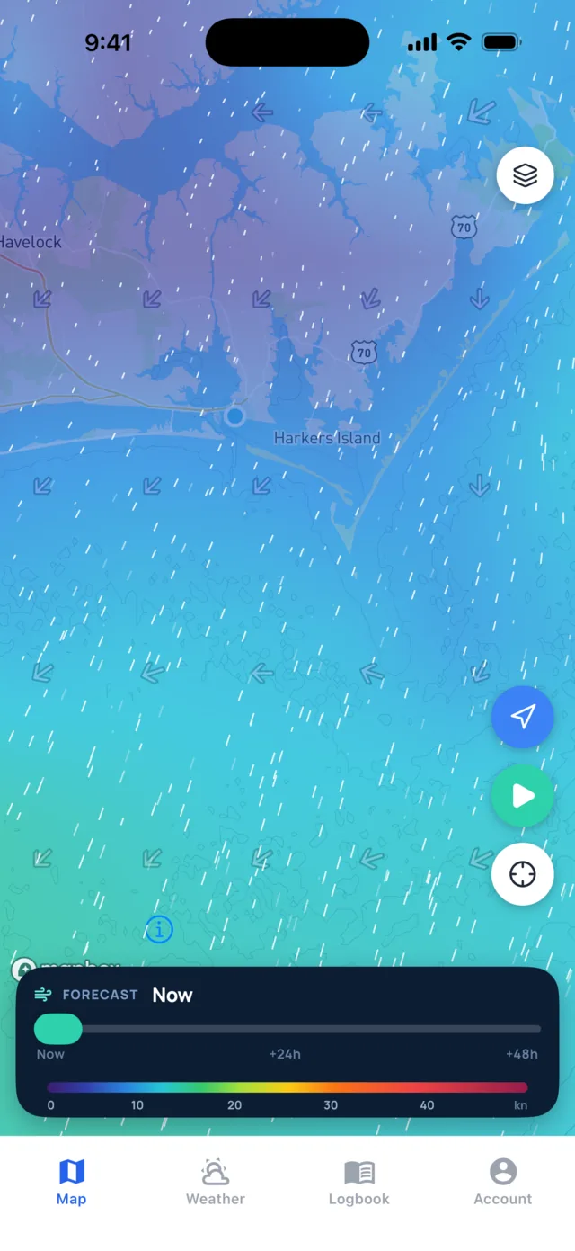 Conditions map near Beaufort and Cape Lookout, North Carolina, with the wind-speed layer shading the water from purple near the shore to green offshore, wind streaks, tidal-stream arrows and a forecast bar with a 0 to 50 knot scale
