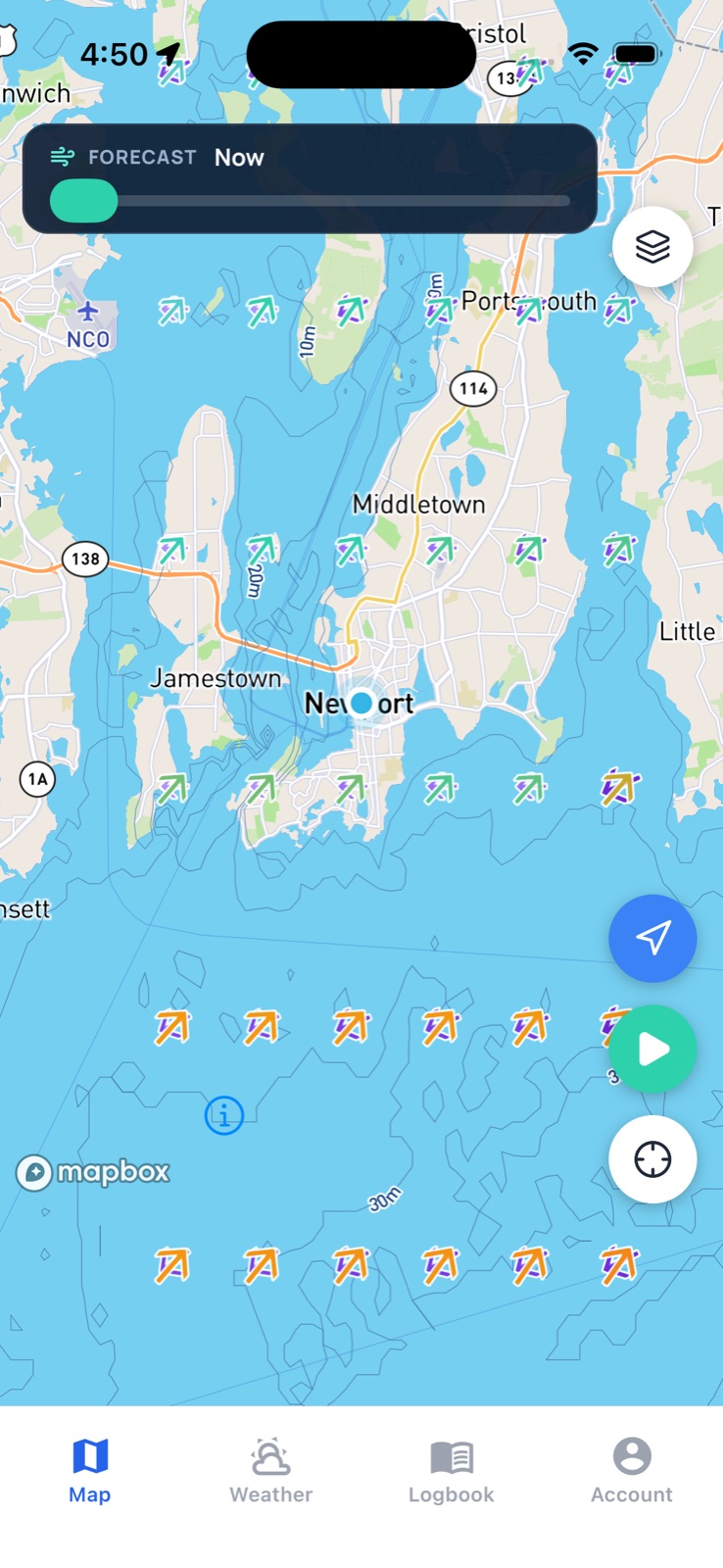 Conditions map with wind and tidal-stream arrows and a forecast scrubber