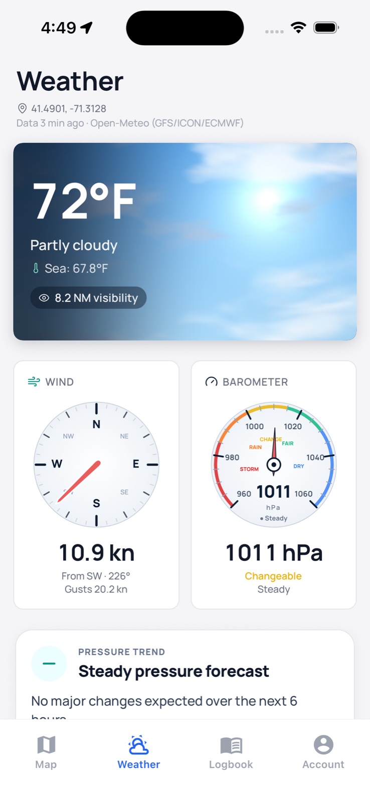 Weather tab with wind compass, barometer and pressure trend